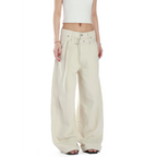 Studio Ruban Evi women's cream wide-leg slacks with belt and straight leg.