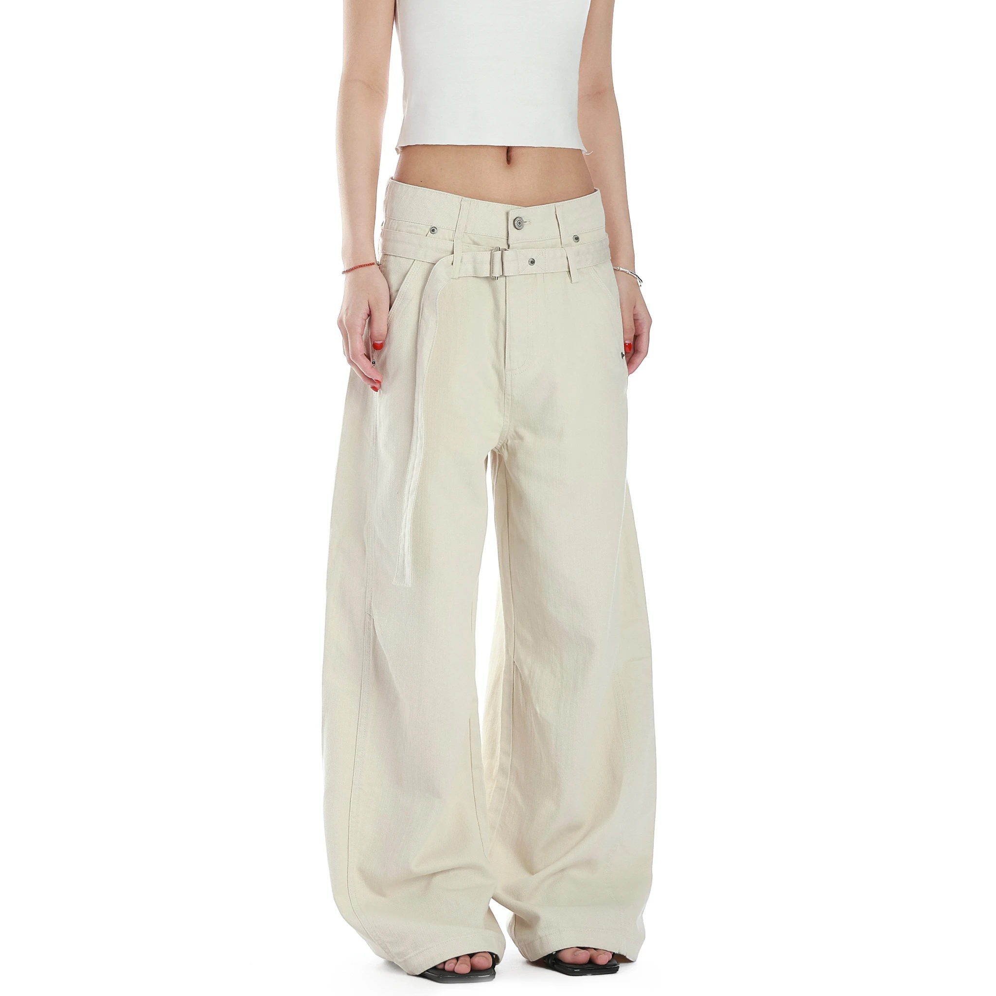 Studio Ruban Evi women's cream wide-leg slacks with belt and straight leg.