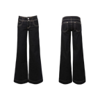 Studio Ruban Gigi dark wash denim wide leg jeans with double button closure and golden stitching.