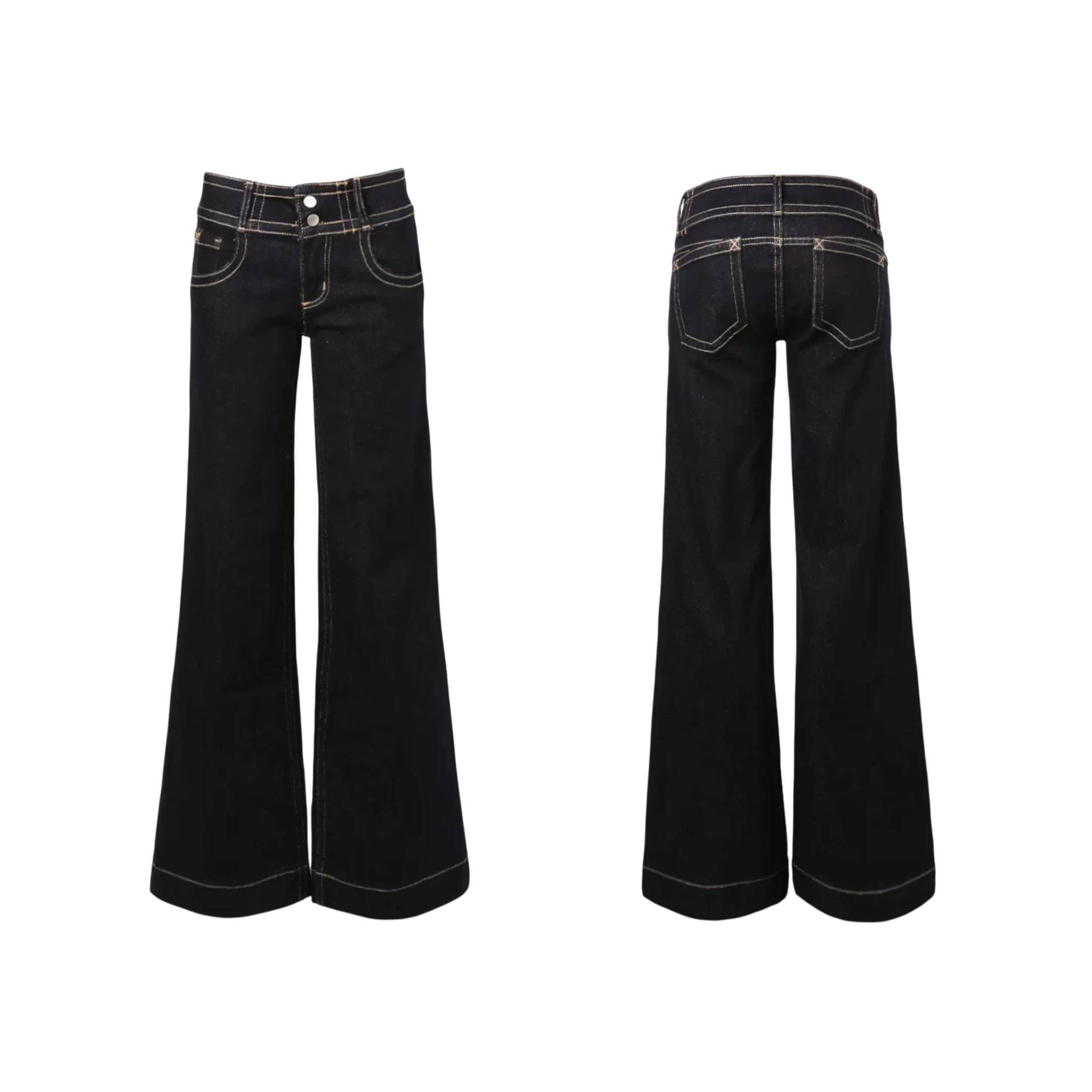 Studio Ruban Gigi dark wash denim wide leg jeans with double button closure and golden stitching.