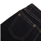 Studio Ruban Gigi dark wash denim wide leg jeans with golden stitching and five-pocket style.