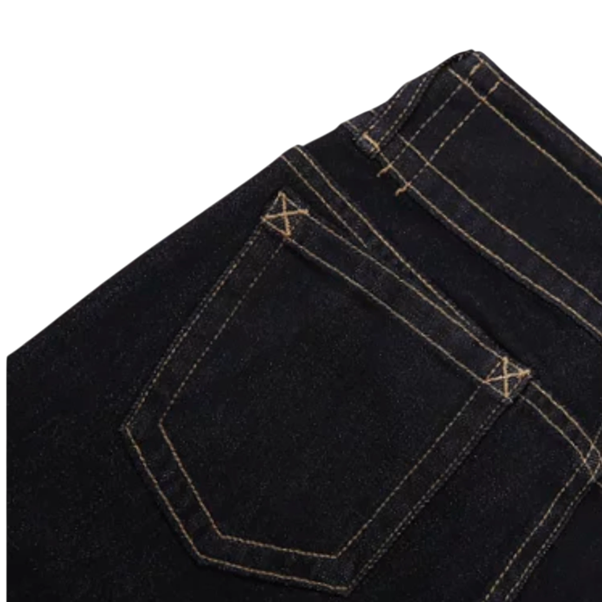 Studio Ruban Gigi dark wash denim wide leg jeans with golden stitching and five-pocket style.