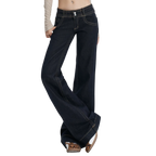 Studio Ruban Gigi dark wash denim wide leg jeans with golden stitching and double-button closure.