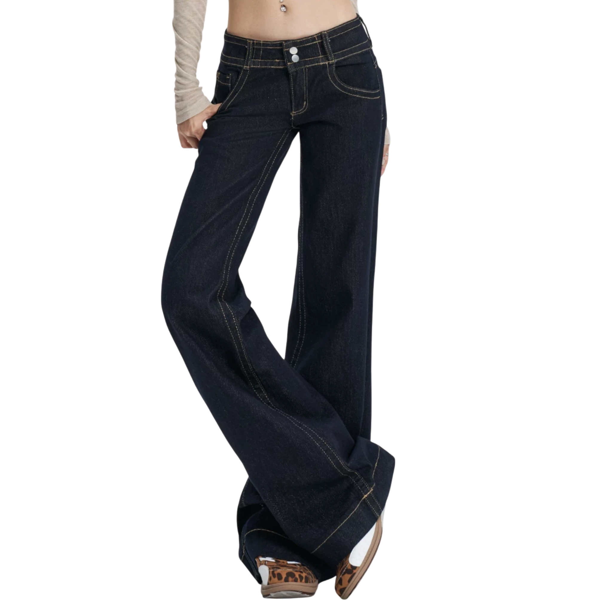 Studio Ruban Gigi dark wash denim wide leg jeans with golden stitching and double-button closure.