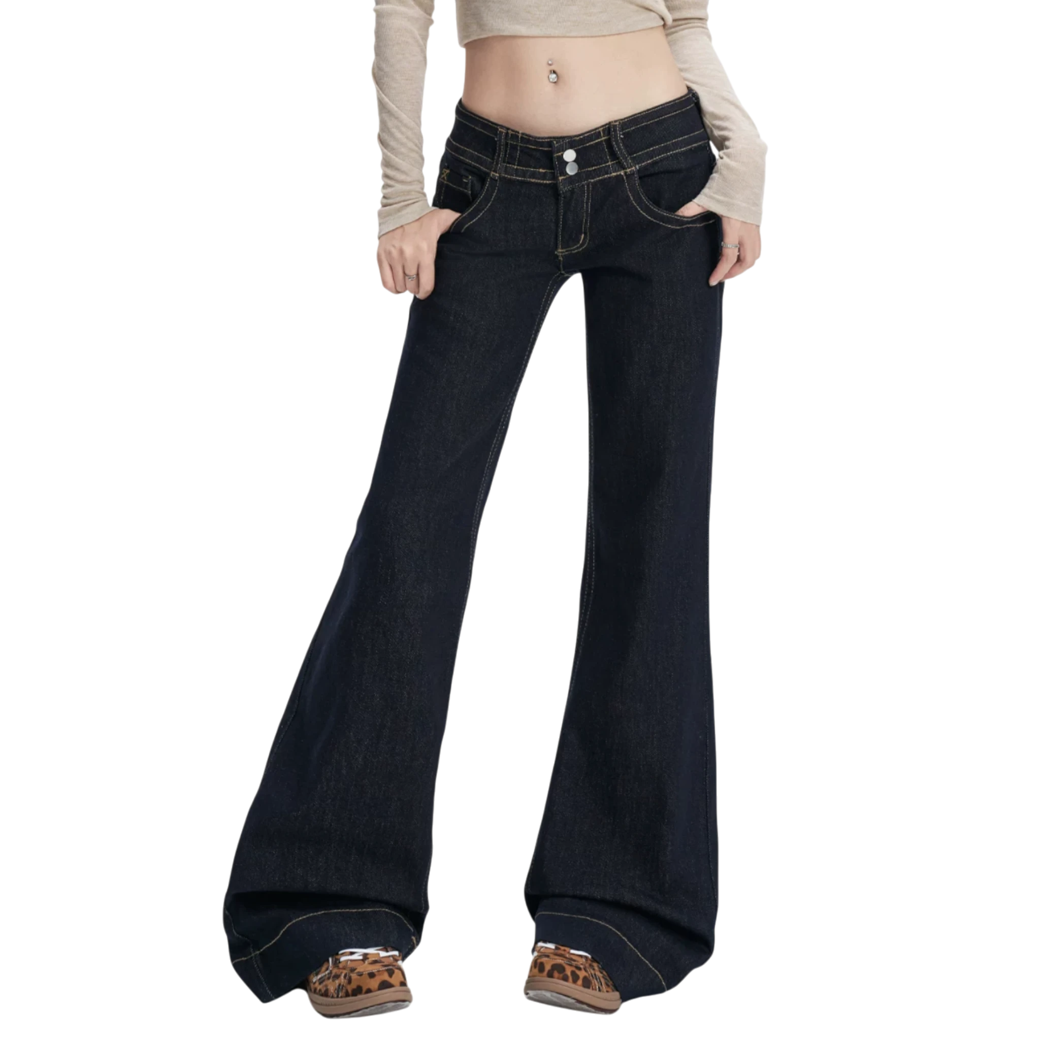 Studio Ruban Gigi dark wash denim wide leg jeans with double button closure and golden stitching.