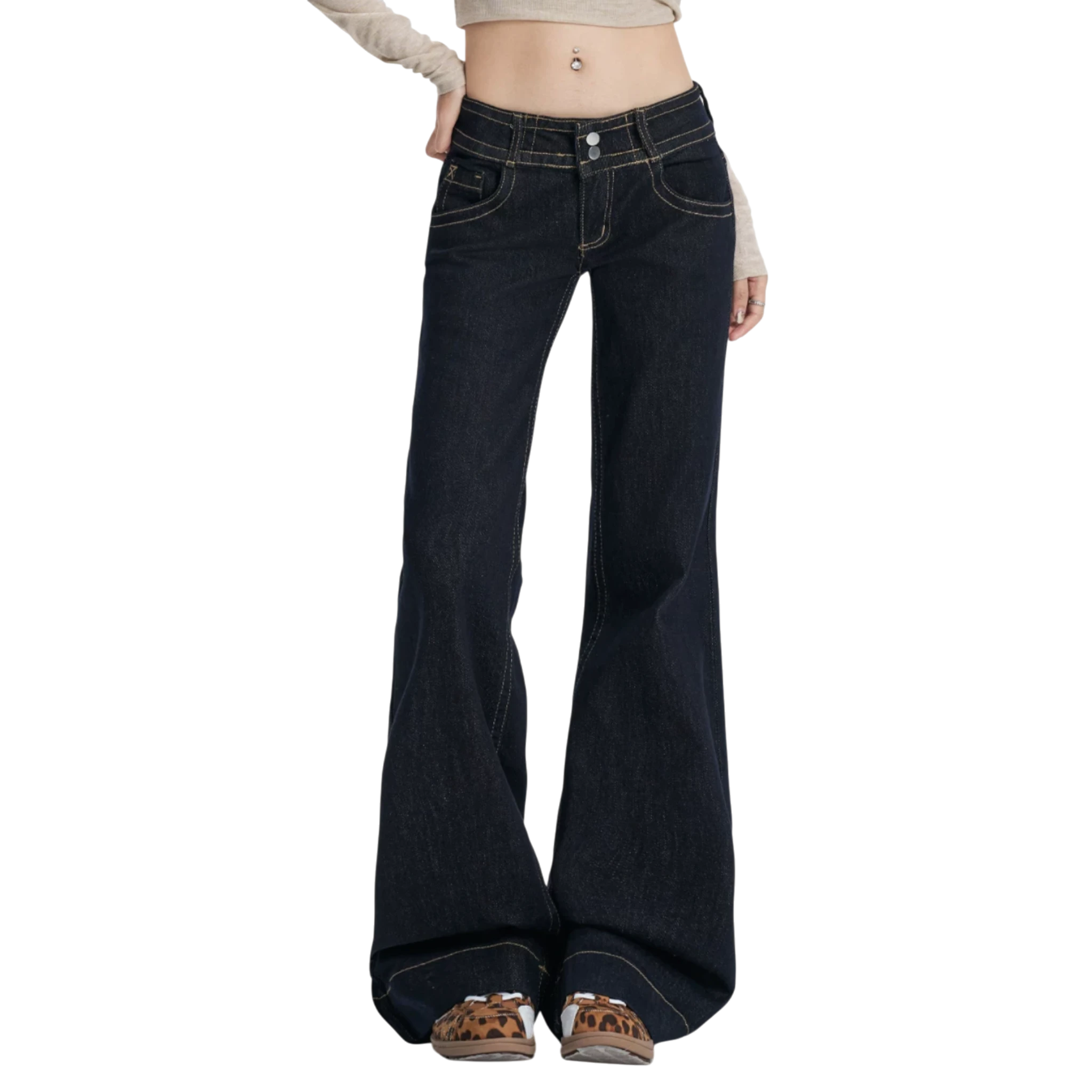 Studio Ruban Gigi dark wash denim wide leg jeans with golden stitching and double-button closure.