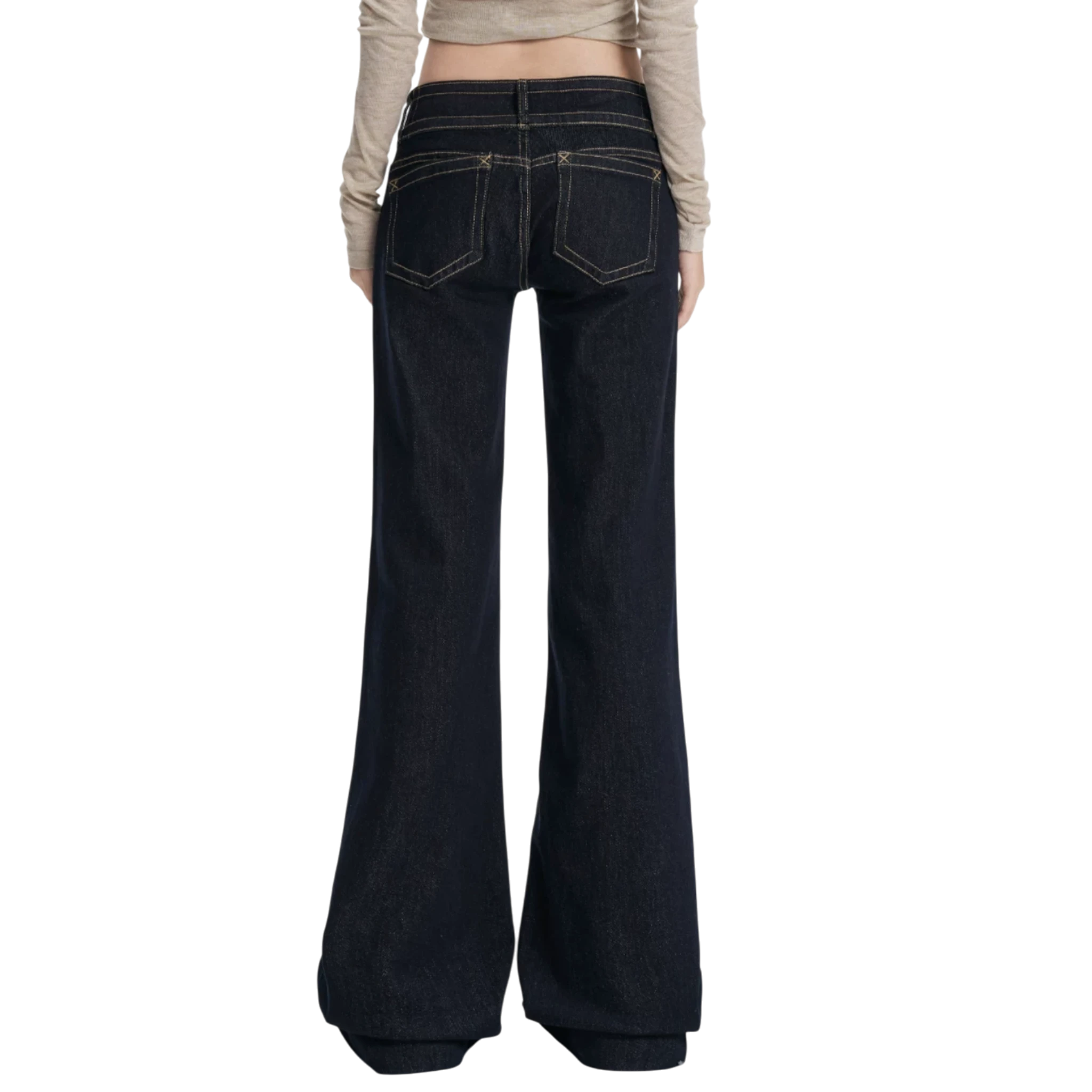 Studio Ruban Gigi dark wash denim wide leg jeans with golden stitching and high waist.