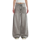 Studio Ruban women's grey distressed wide-leg jeans with diamond embellishments and high waist.
