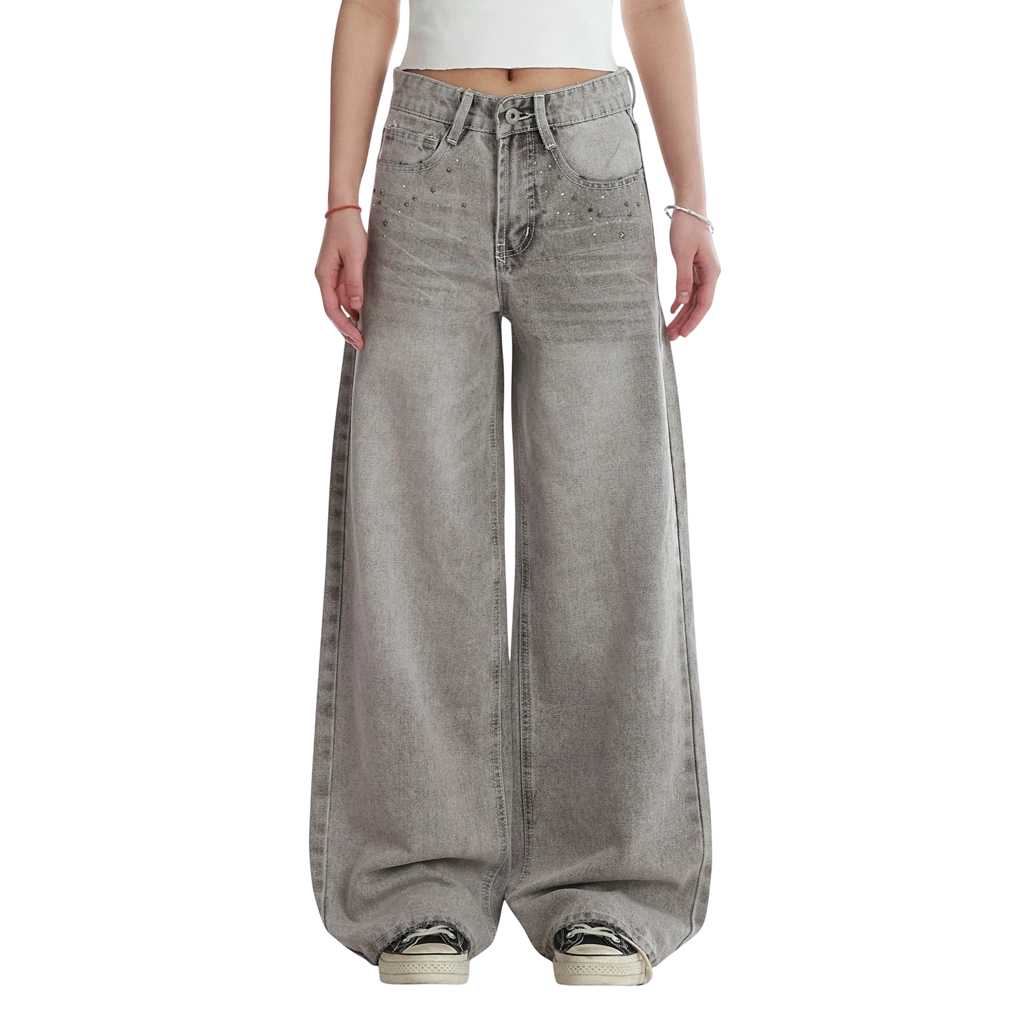 Studio Ruban women's grey distressed wide-leg jeans with diamond embellishments and high waist.