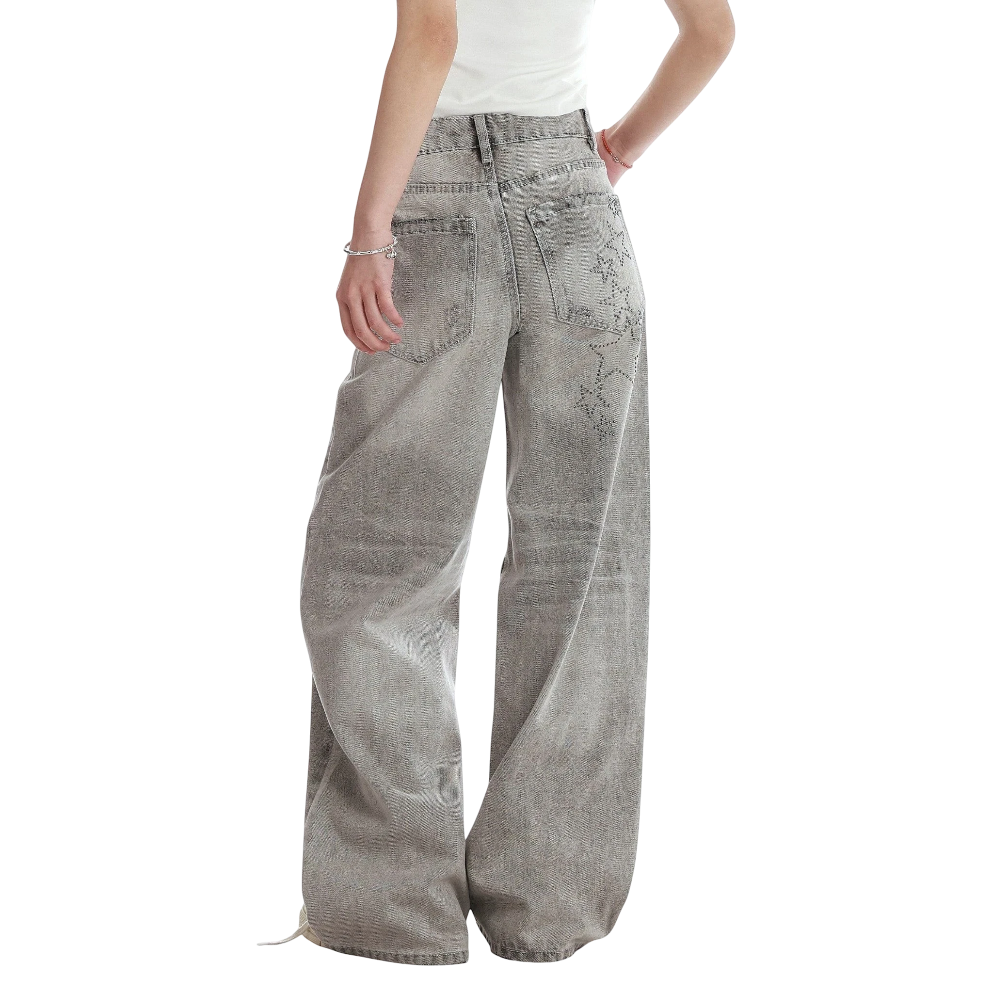 Studio Ruban women's grey distressed wide-leg jeans with star embellishments and high waist.