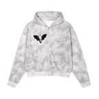 Studio Ruban grey washed fleece zip-up hoodie with bat graphic. Features a relaxed fit, pockets, and hood.