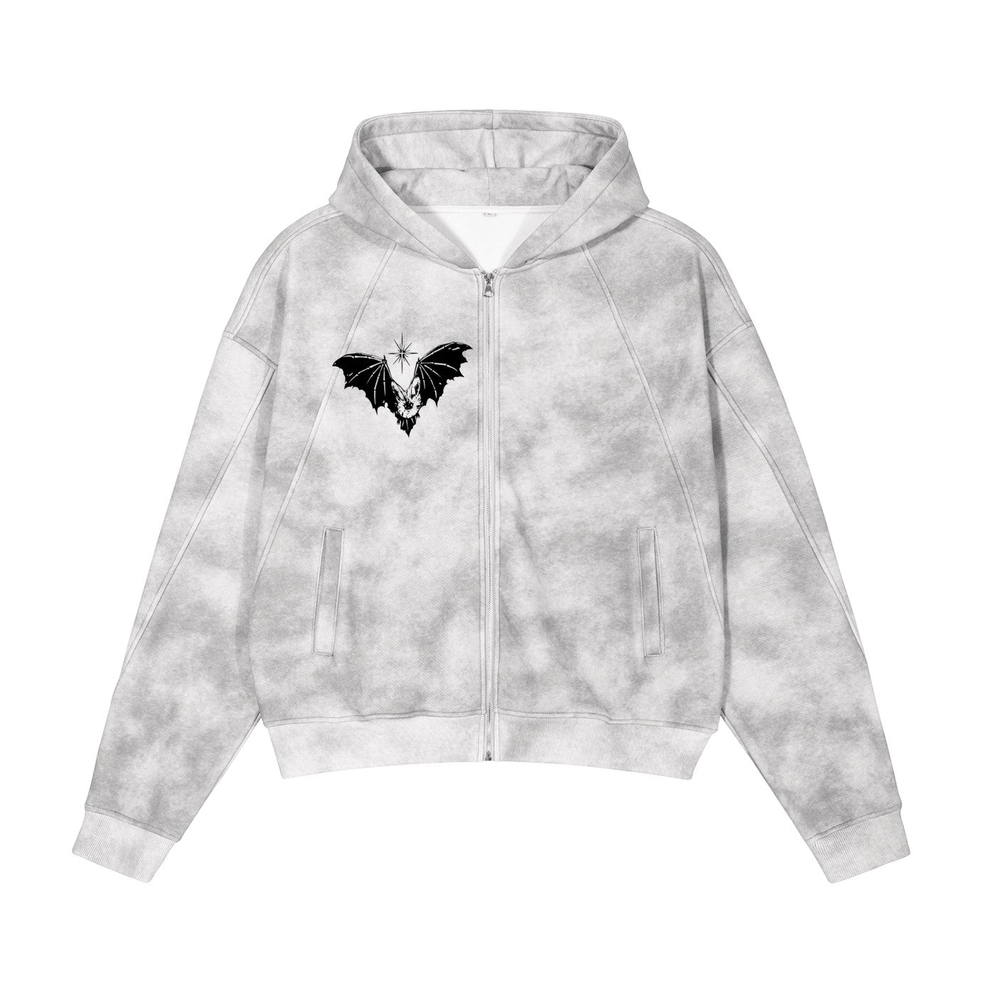 Studio Ruban grey washed fleece zip-up hoodie with bat graphic. Features a relaxed fit, pockets, and hood.