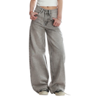 Studio Ruban women's grey wide-leg jeans with distressed details and diamond embellishments. High-waisted, floor-length denim.