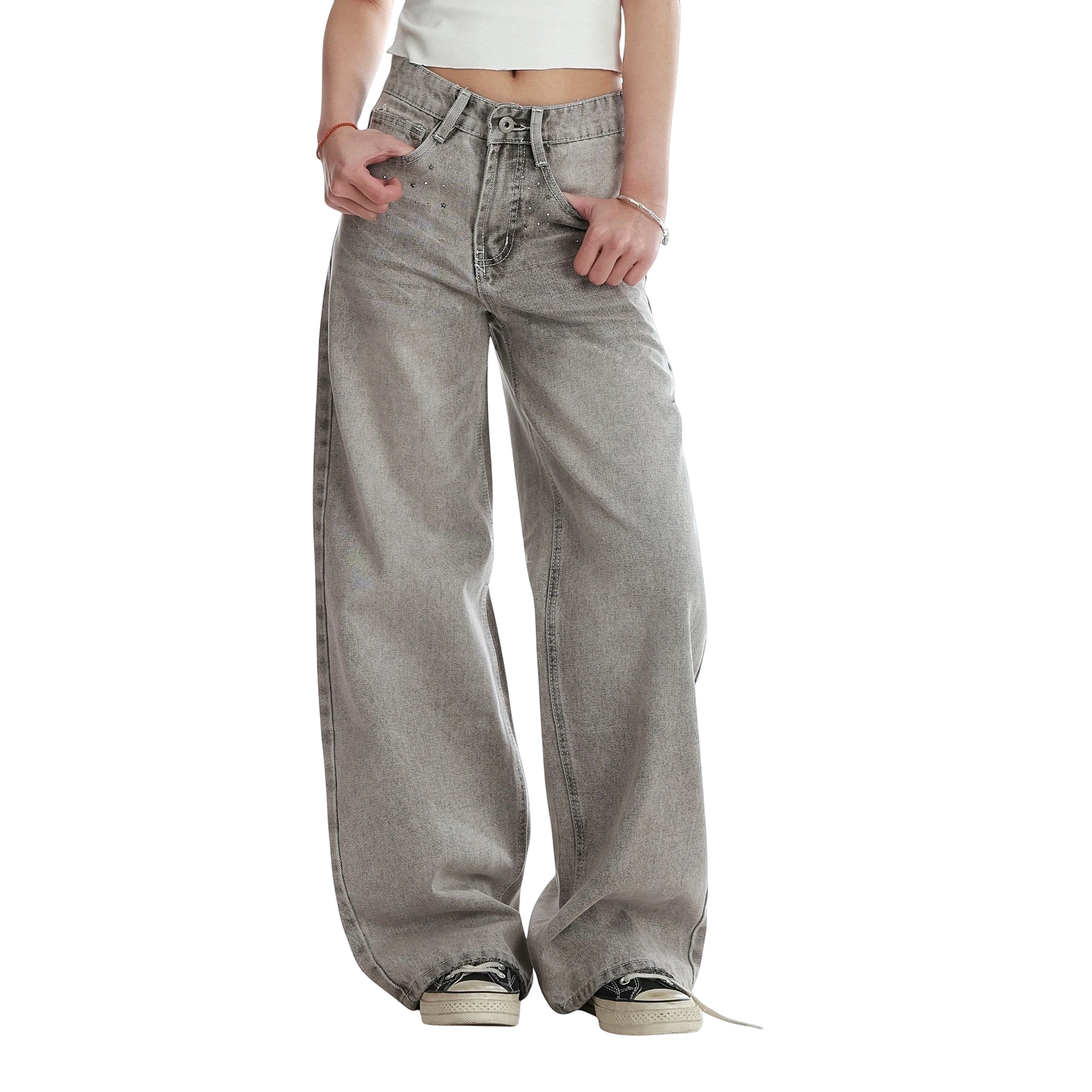 Studio Ruban women's grey wide-leg jeans with distressed details and diamond embellishments. High-waisted, floor-length denim.