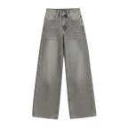 Studio Ruban women's grey wide-leg jeans with distressed detailing and diamond embellishments. High-waisted, floor-length denim.
