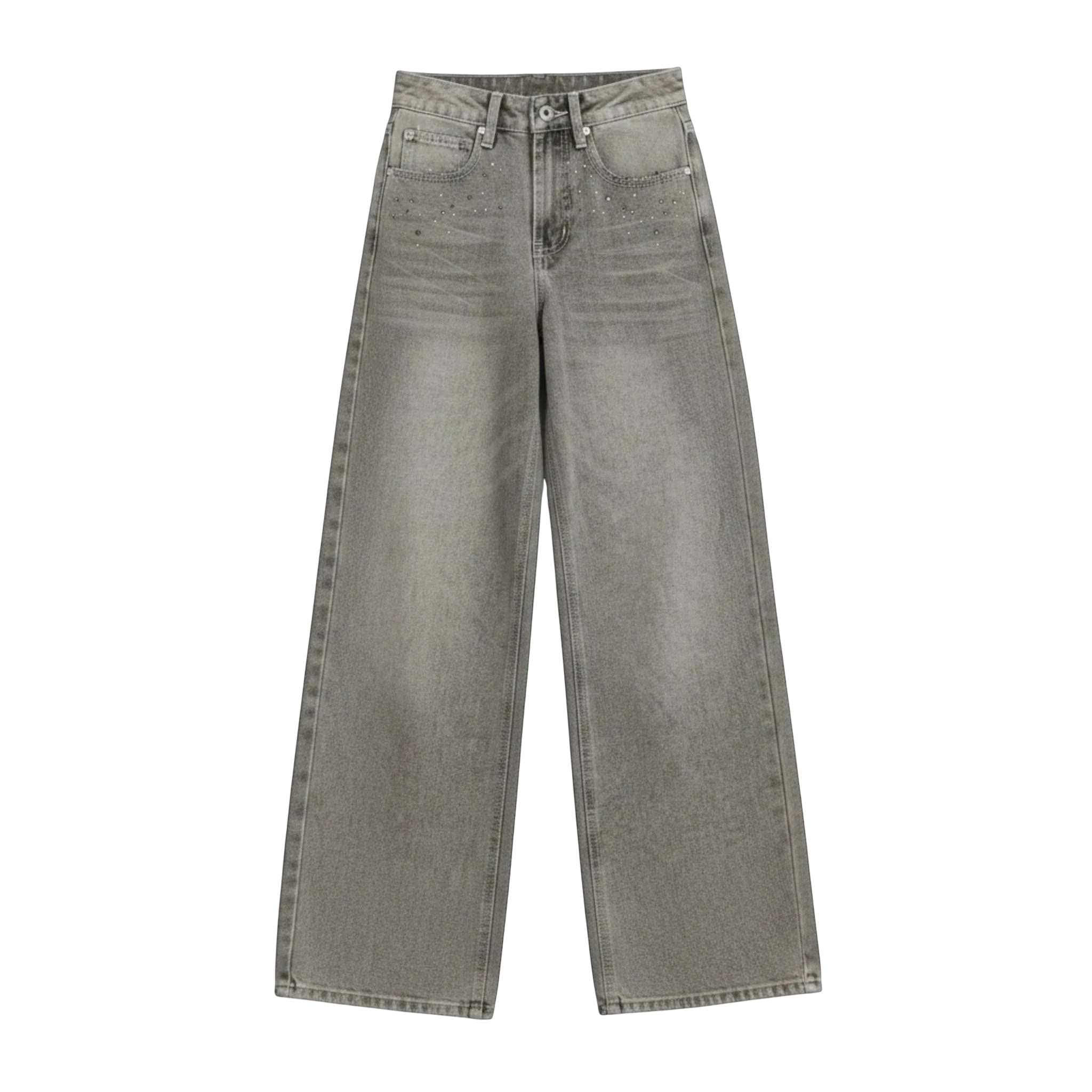 Studio Ruban women's grey wide-leg jeans with distressed detailing and diamond embellishments. High-waisted, floor-length denim.