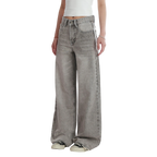 Studio Ruban women's grey wide-leg jeans with distressed detailing and diamond embellishments. High-waisted, floor-length denim.