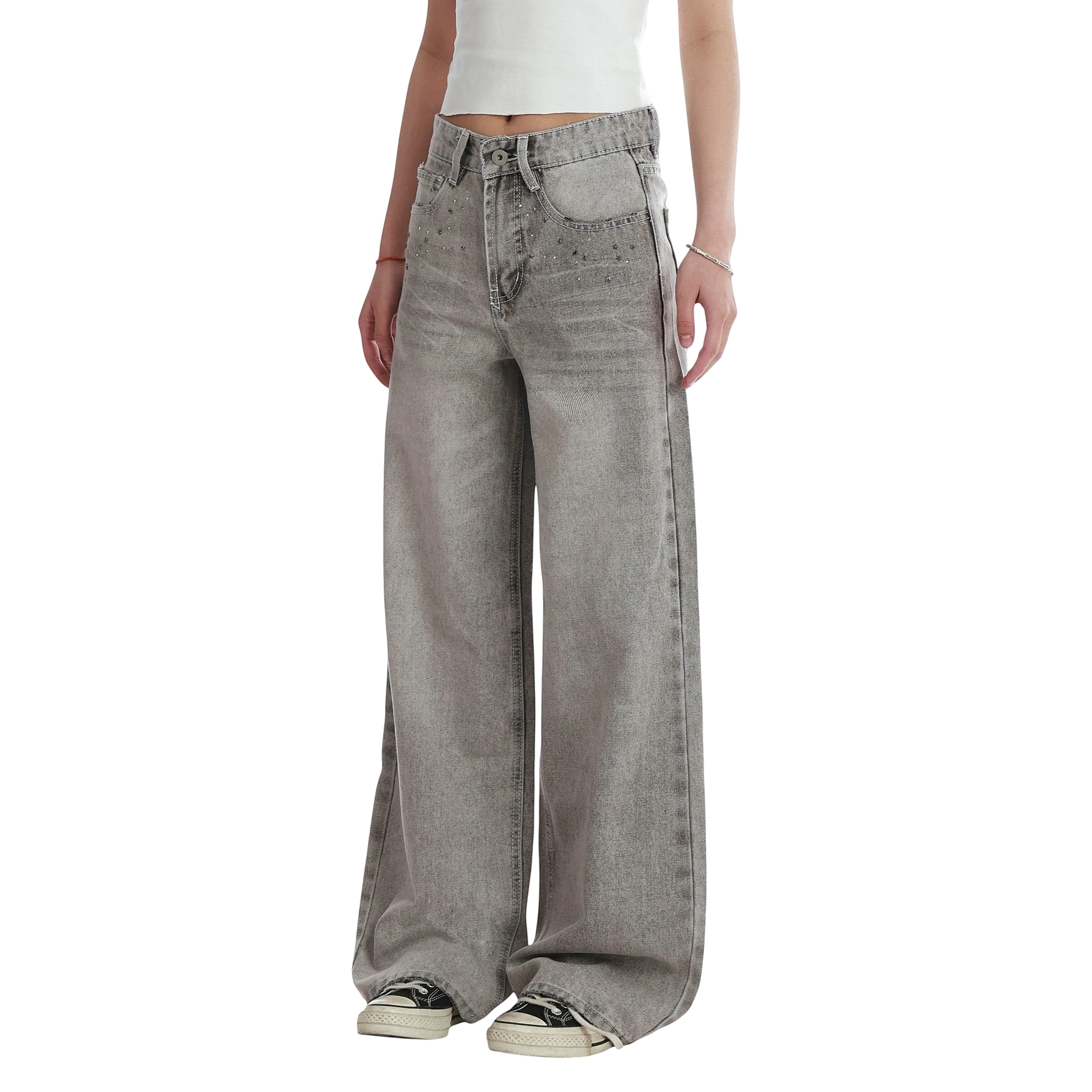 Studio Ruban women's grey wide-leg jeans with distressed detailing and diamond embellishments. High-waisted, floor-length denim.