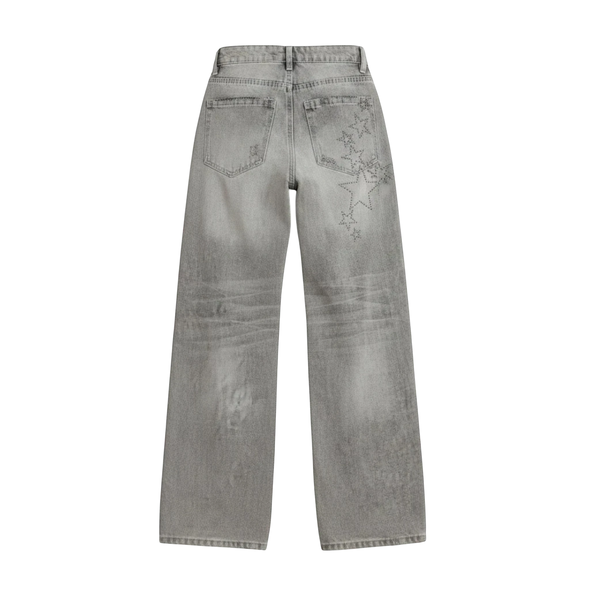 Studio Ruban grey wide-leg denim jeans with distressed details and star embellishments on the back pocket.