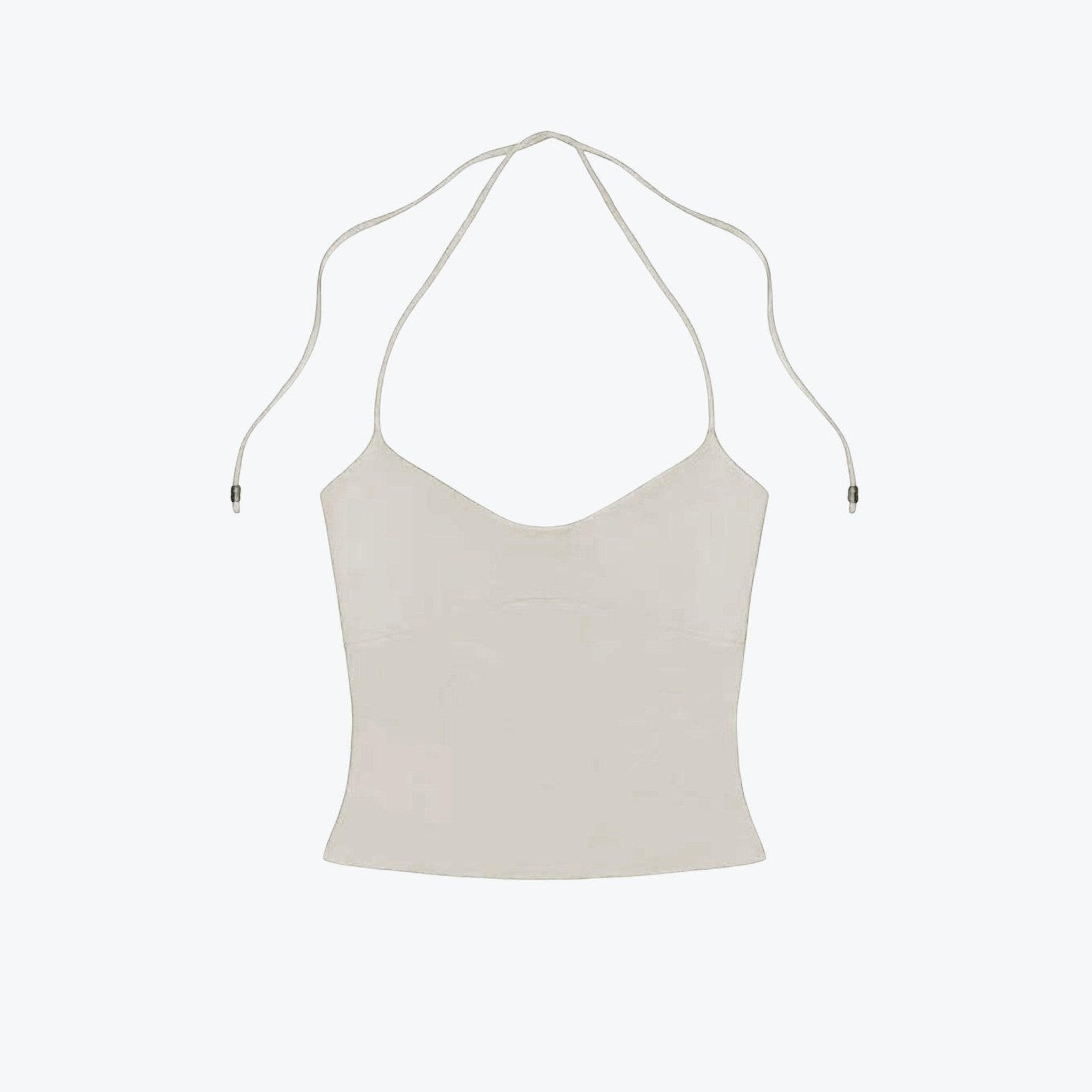 Studio Ruban Kiki halterneck top in light beige, soft-touch fabric with adjustable tie-back.