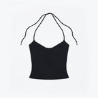 Studio Ruban Kiki black halterneck top with adjustable tie-back and subtle beaded details.
