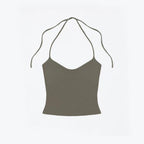 Studio Ruban Kiki halterneck top in olive green, made from soft-touch fabric with adjustable tie-back.
