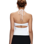 Studio Ruban Kiki white halterneck top with tie-back and cutout detail, made from soft-touch fabric.