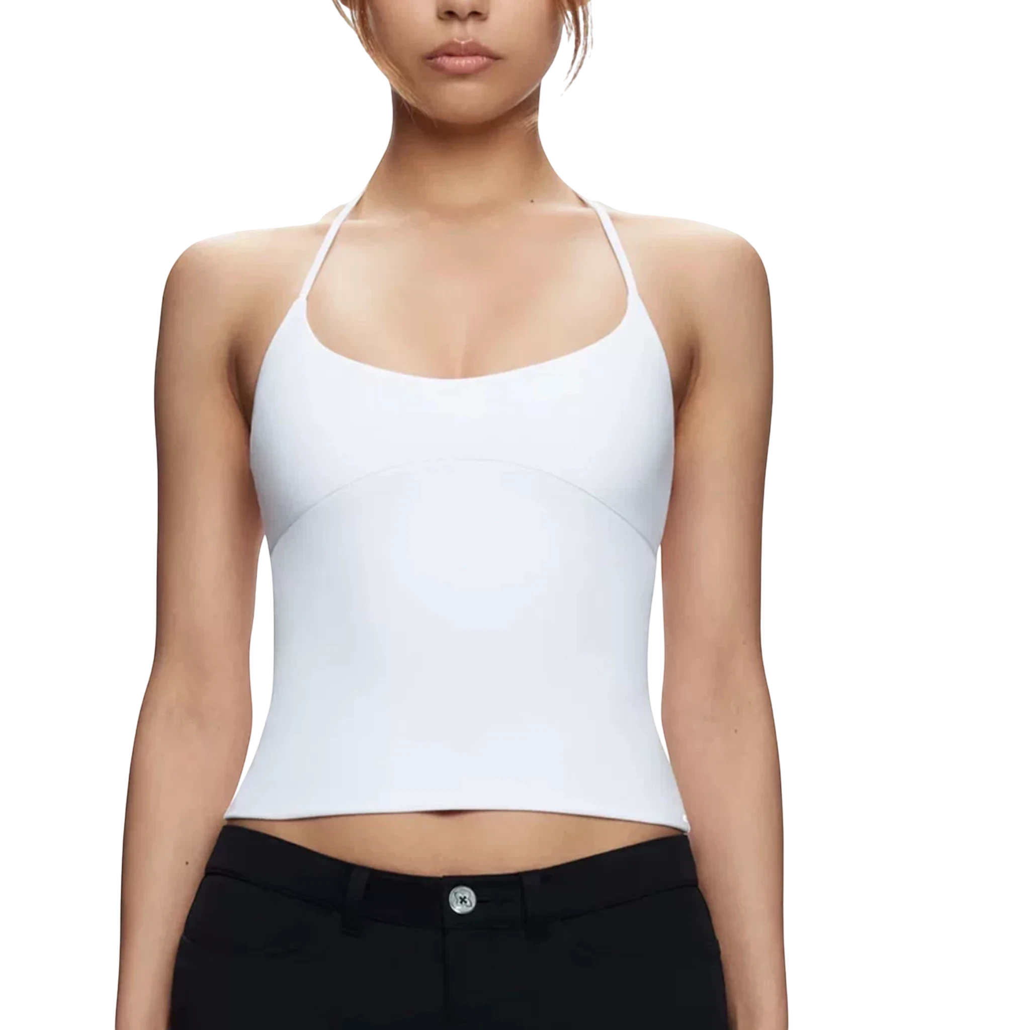 Studio Ruban Kiki white halterneck tank top with adjustable tie-back, made from soft-touch fabric.