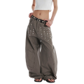 Studio Ruban Kisa taupe wide leg denim jeans with square stud embellishments and a relaxed fit.