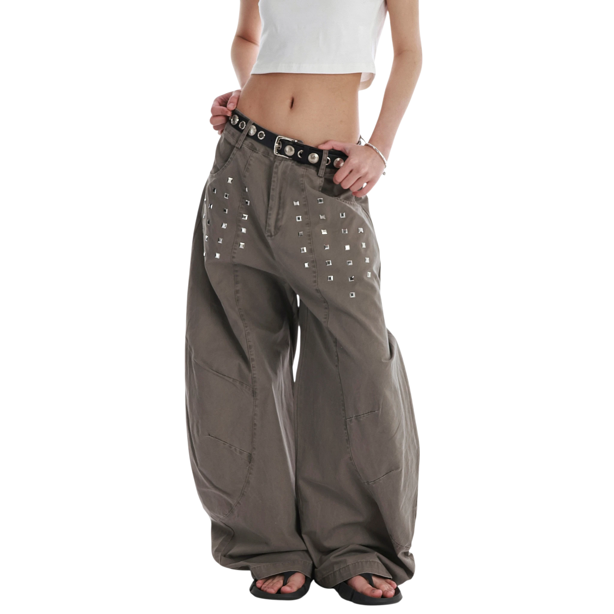Studio Ruban Kisa taupe wide leg denim jeans with square stud embellishments and a relaxed fit.