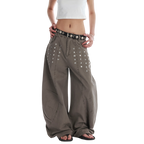Studio Ruban Kisa taupe wide-leg denim jeans with square stud embellishments and a relaxed fit.