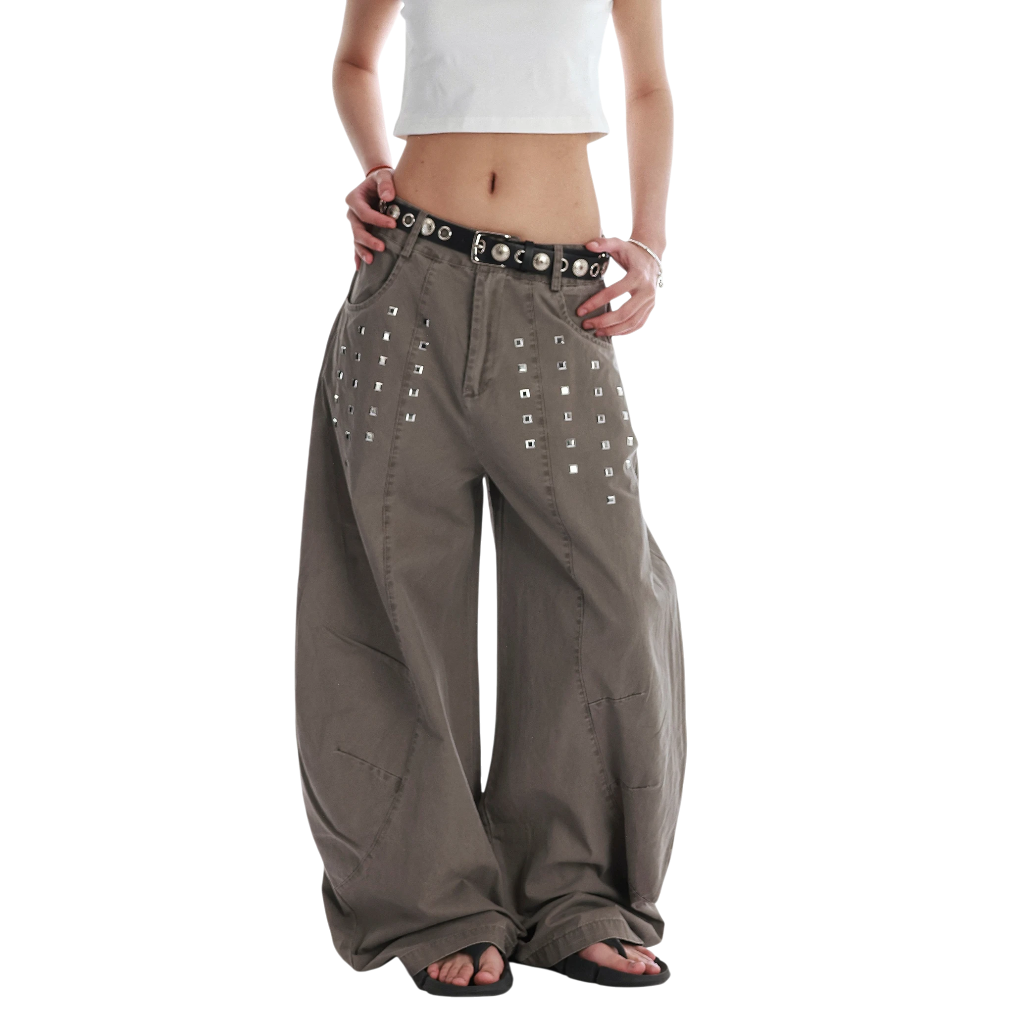 Studio Ruban Kisa taupe wide-leg denim jeans with square stud embellishments and a relaxed fit.