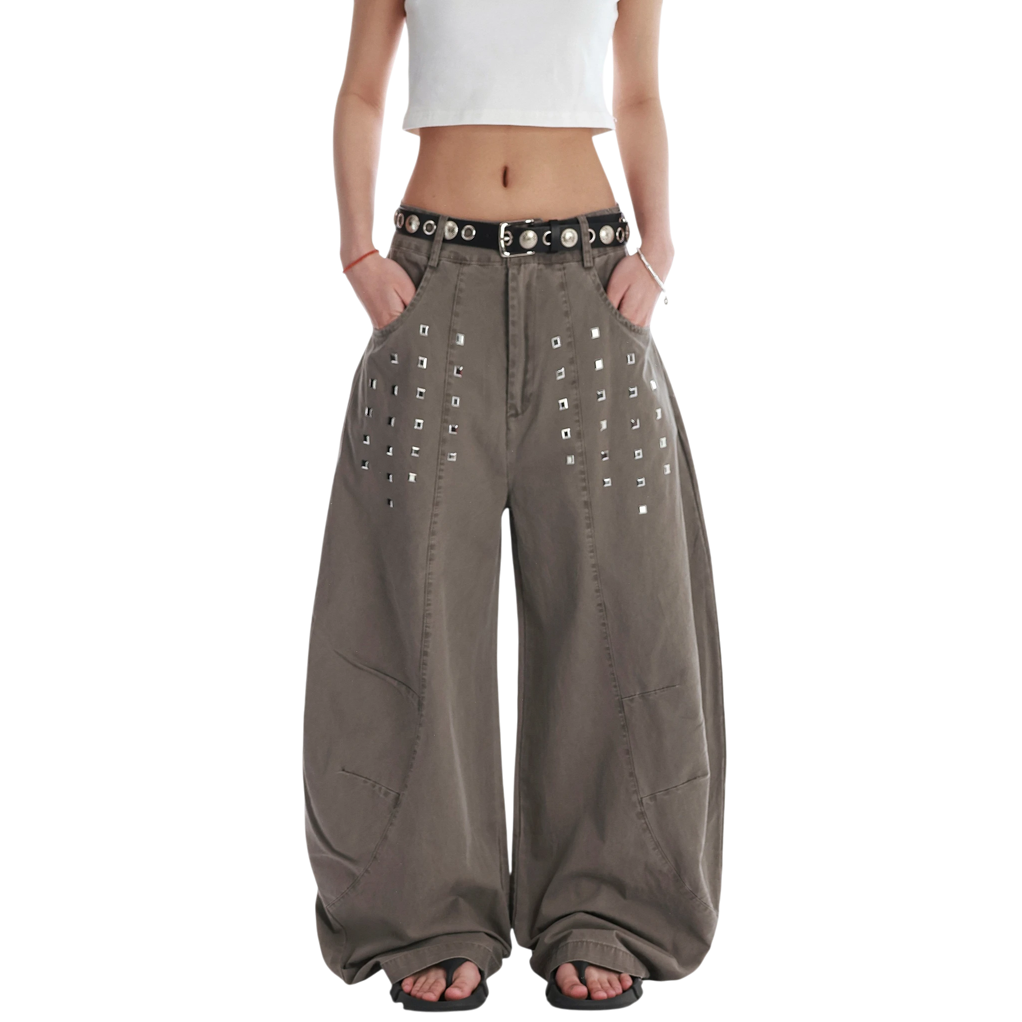 Studio Ruban Kisa taupe wide leg denim jeans with square stud embellishments and a relaxed fit.