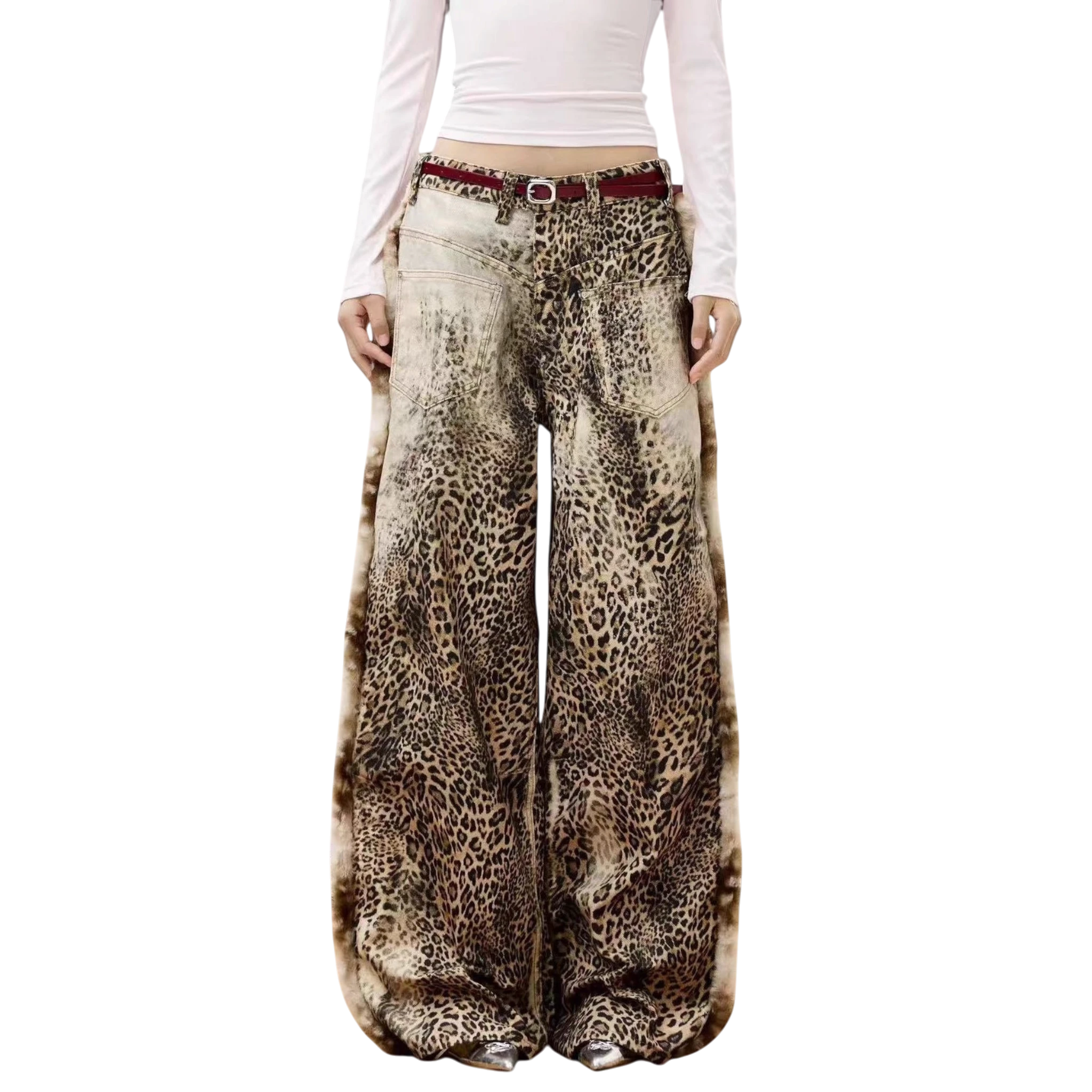 Studio Ruban Leo wide leg jeans in leopard print denim with a washed-out effect and a red belt.