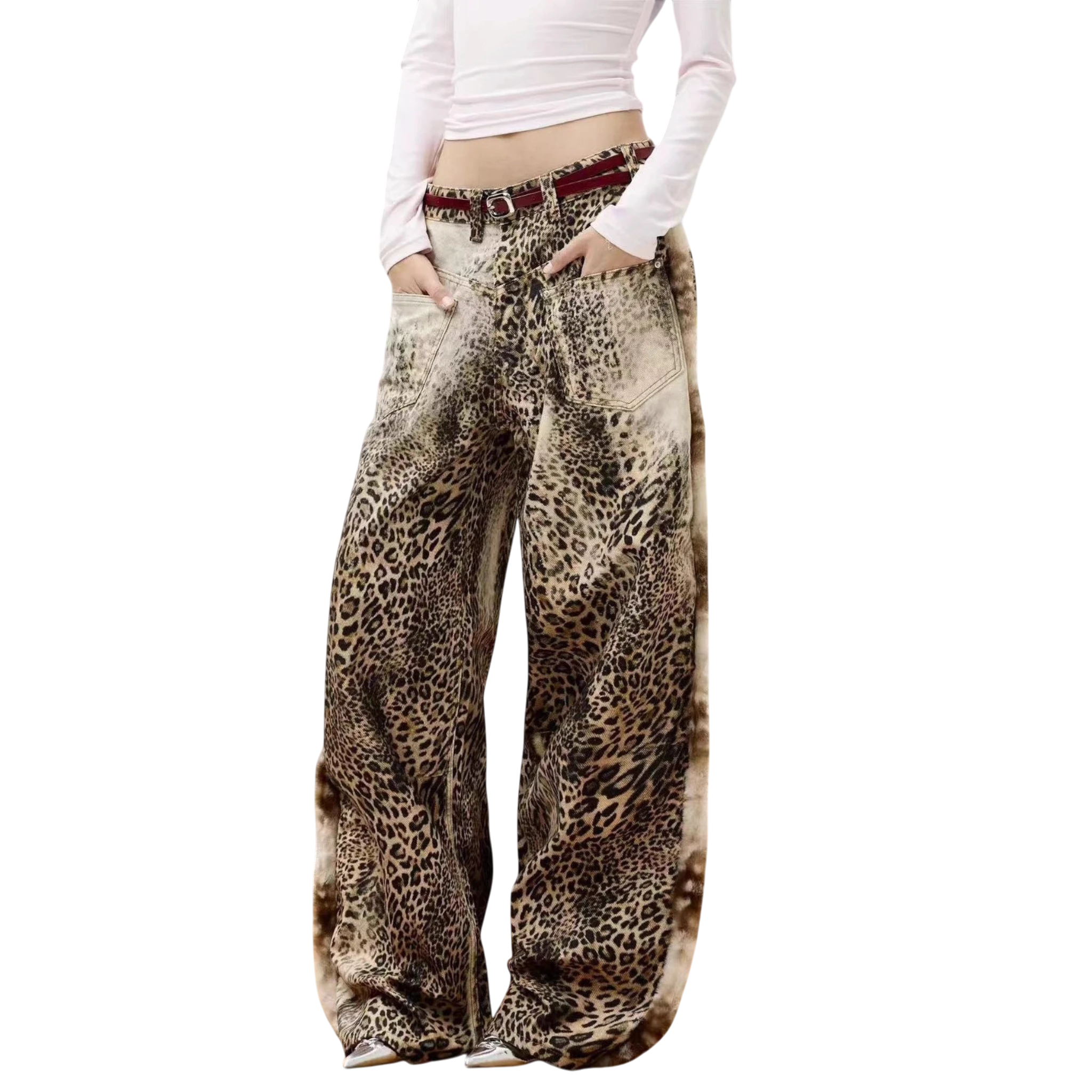 Studio Ruban Leo wide leg jeans in leopard print denim with a washed-out effect and a dark red belt.