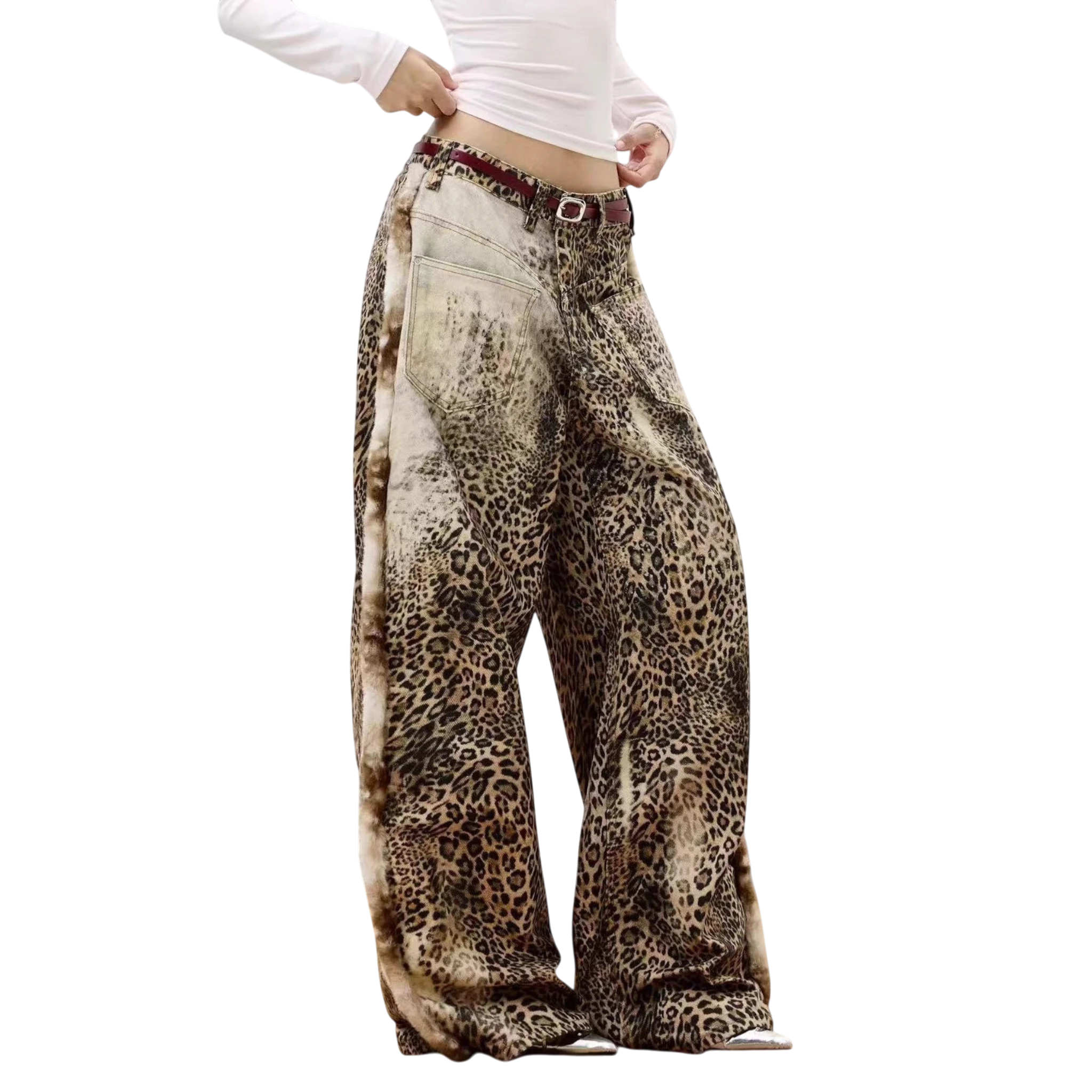 Studio Ruban Leo wide leg jeans in leopard print denim with a washed-out effect and a burgundy belt.