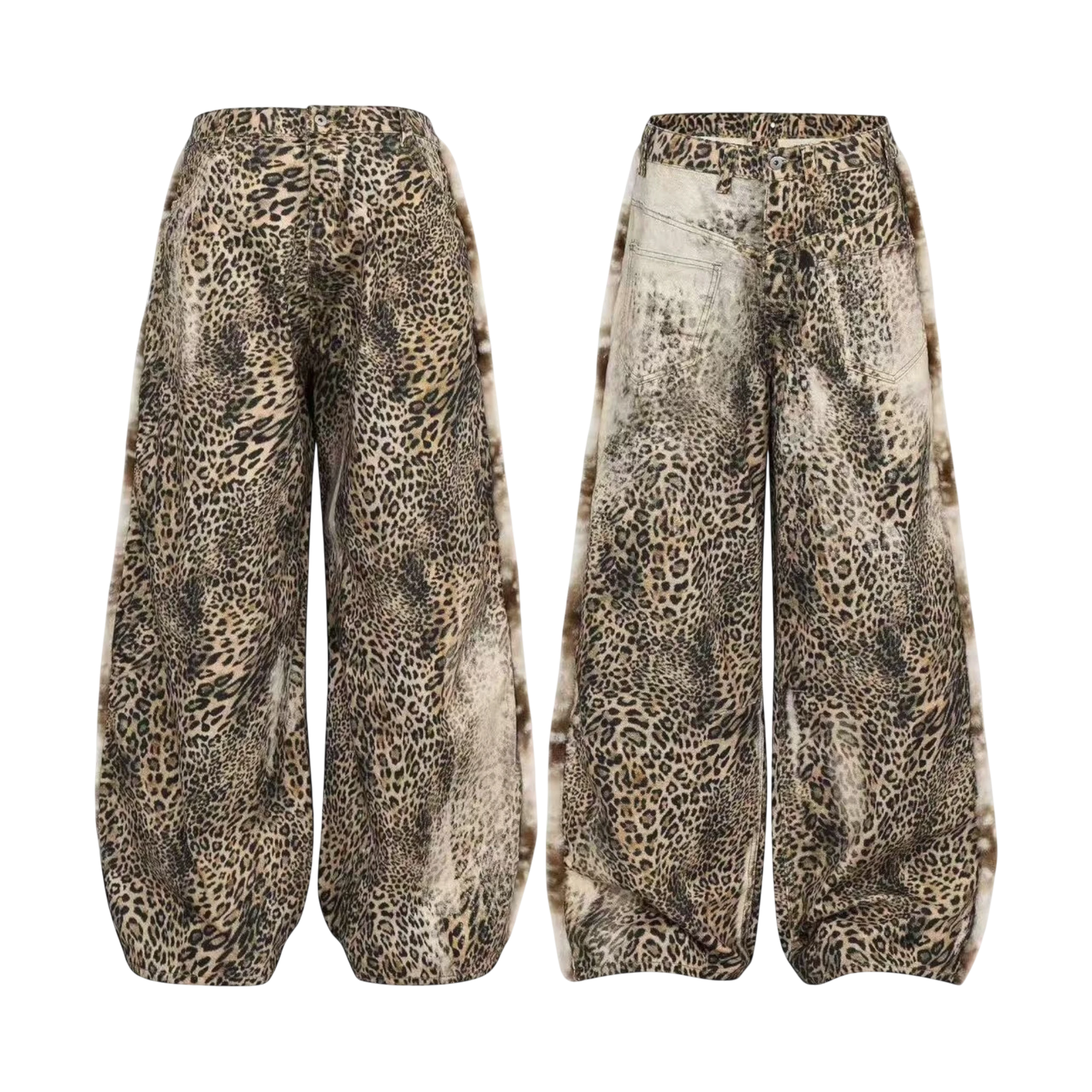 Studio Ruban men's loose-fit straight-leg jeans with a bold leopard print and wide legs.
