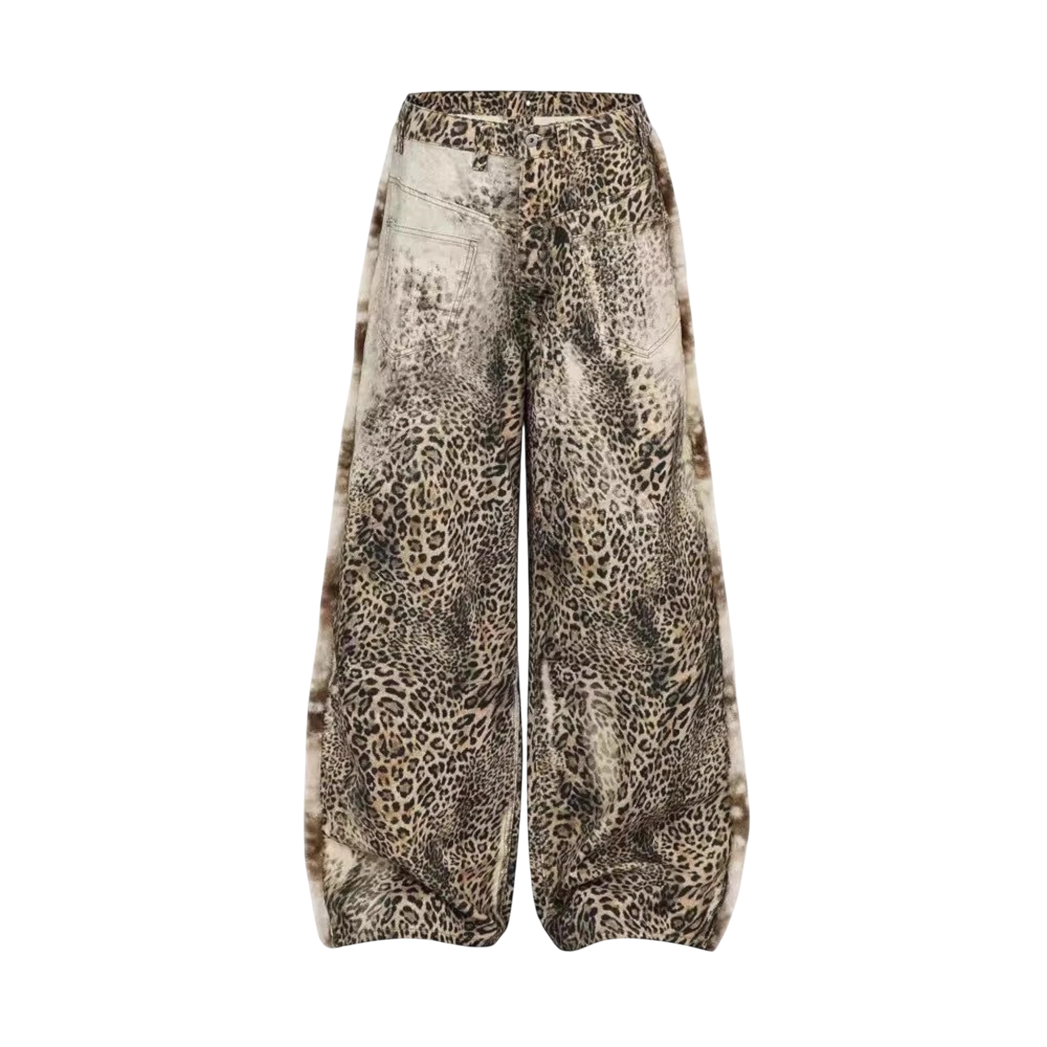 Studio Ruban men's loose-fit wide-leg jeans with a bold leopard print and distressed detailing. Floor-length.