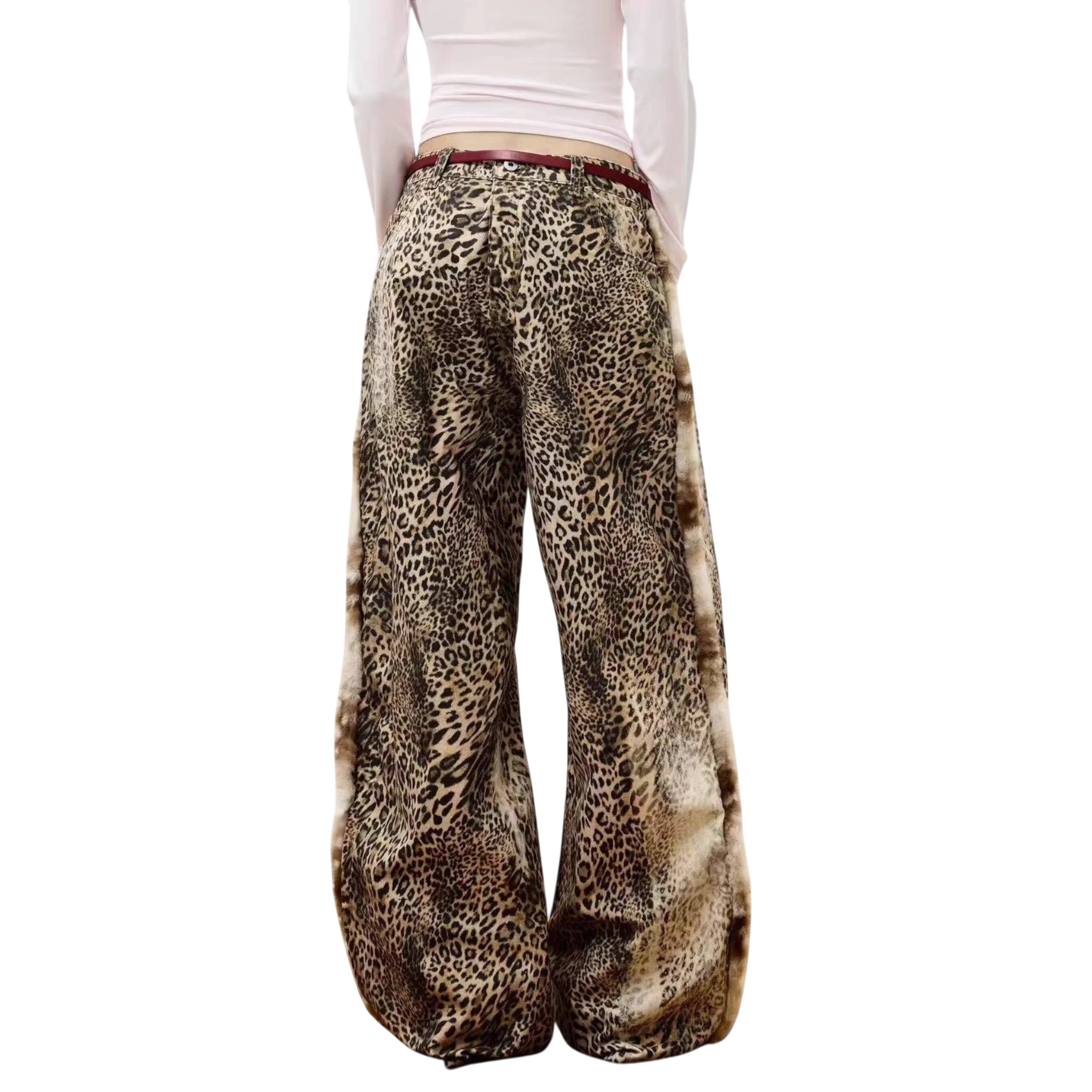 Studio Ruban leopard print wide-leg pants with a loose fit and floor-length hem. Features a non-elastic waist and soft fabric.