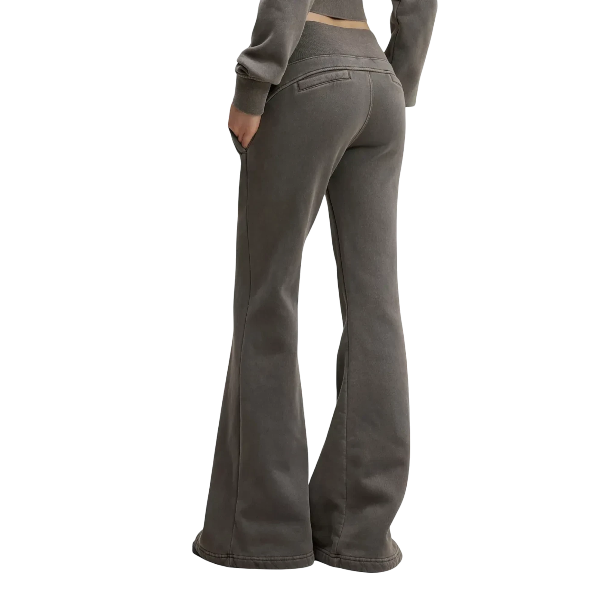 Studio Ruban Lia high-waisted flare sweatpants in washed charcoal cotton blend with drawstring waist and pockets.