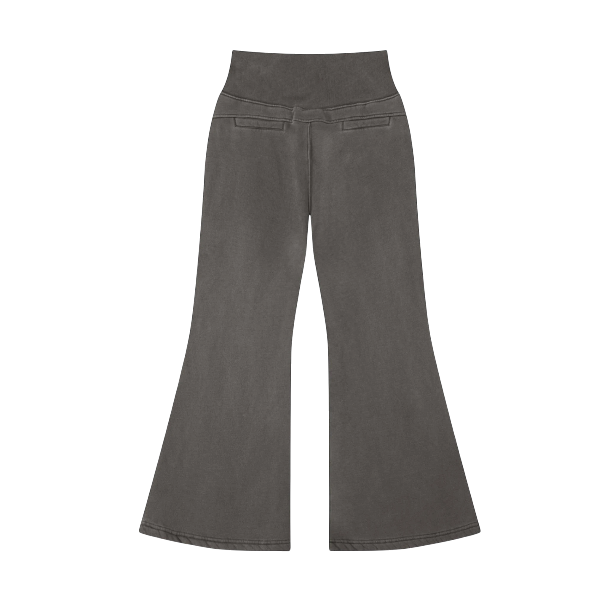 Studio Ruban Lia high-waisted flare sweatpants in washed charcoal cotton blend with drawstring waist and pockets.