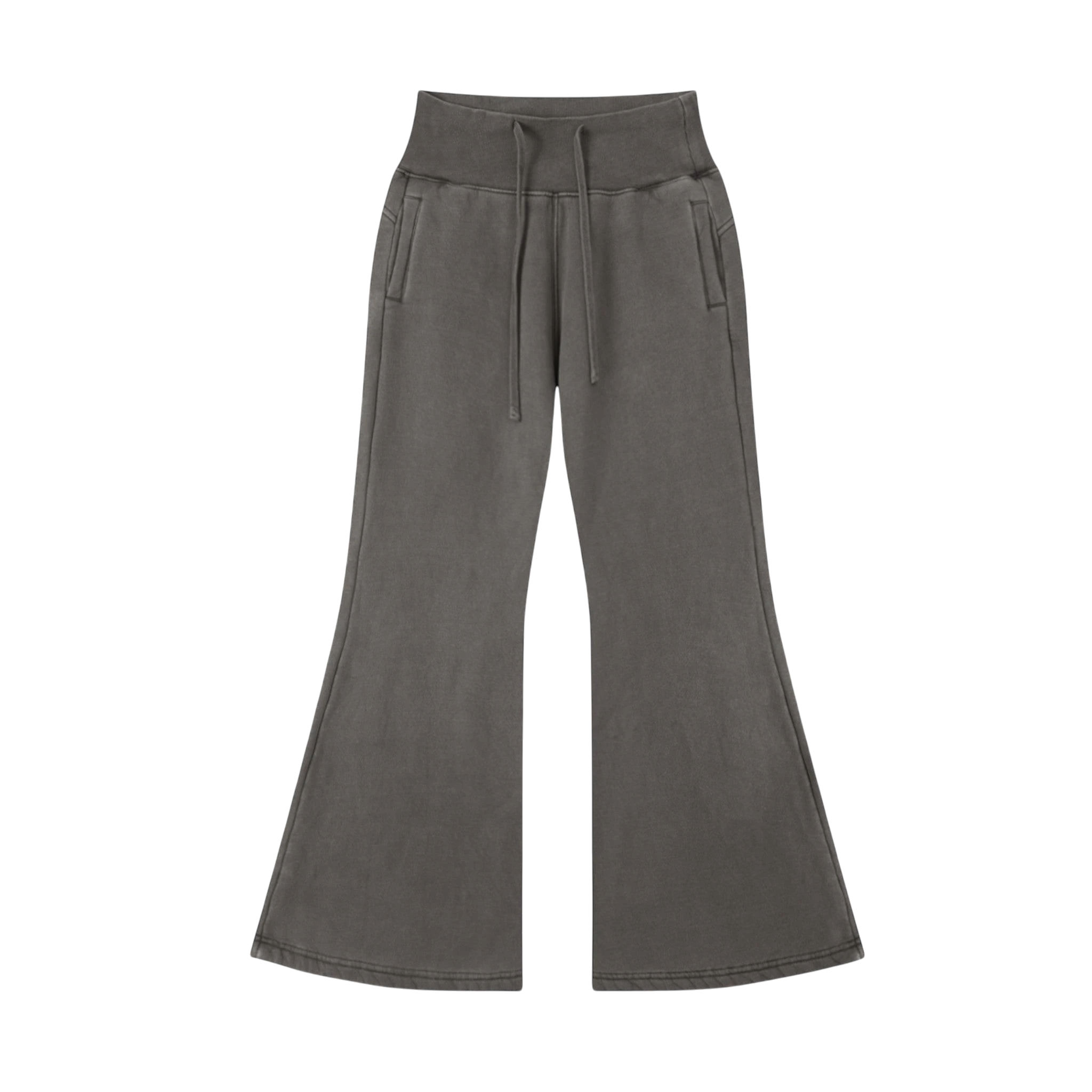 Studio Ruban Lia high-waisted flare sweatpants in washed charcoal cotton blend with drawstring waist and side pockets.