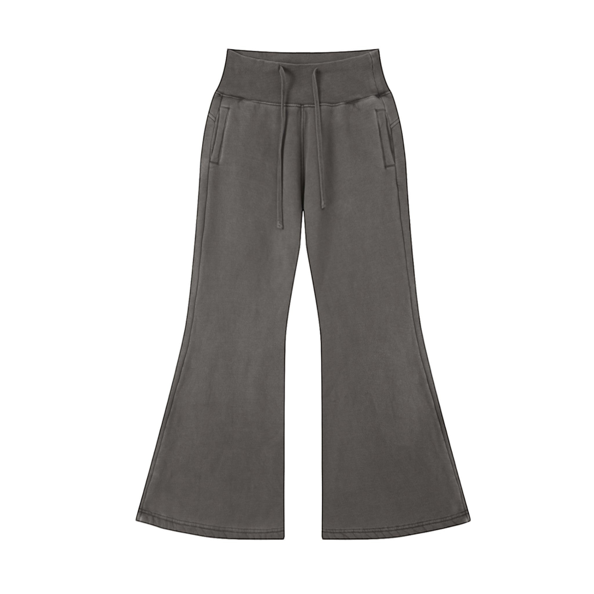 Studio Ruban Lia high-waisted flare sweatpants in washed charcoal cotton blend with drawstring waist and side pockets.