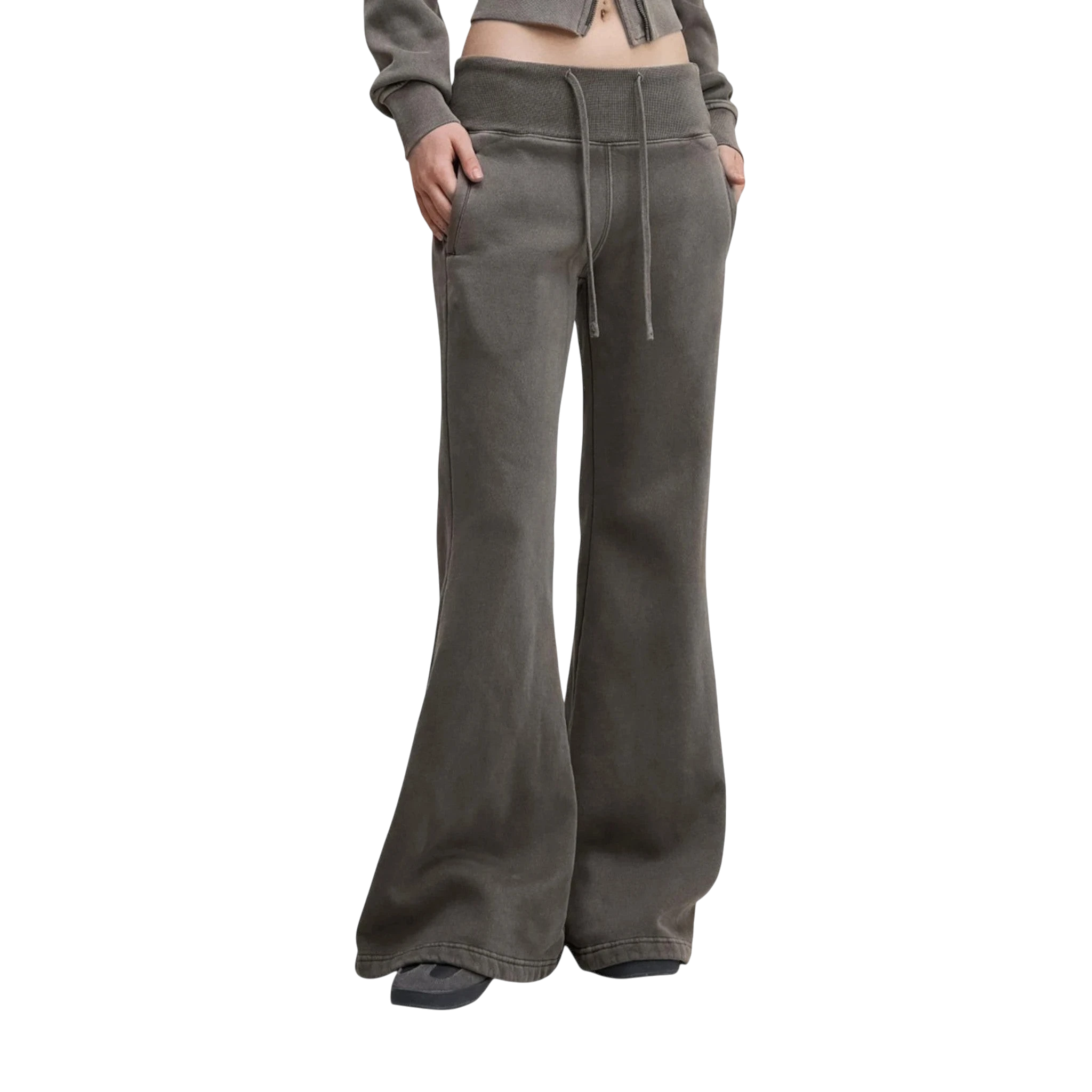 Studio Ruban Lia high-waisted flare sweatpants in washed charcoal cotton blend with drawstring waist and pockets.
