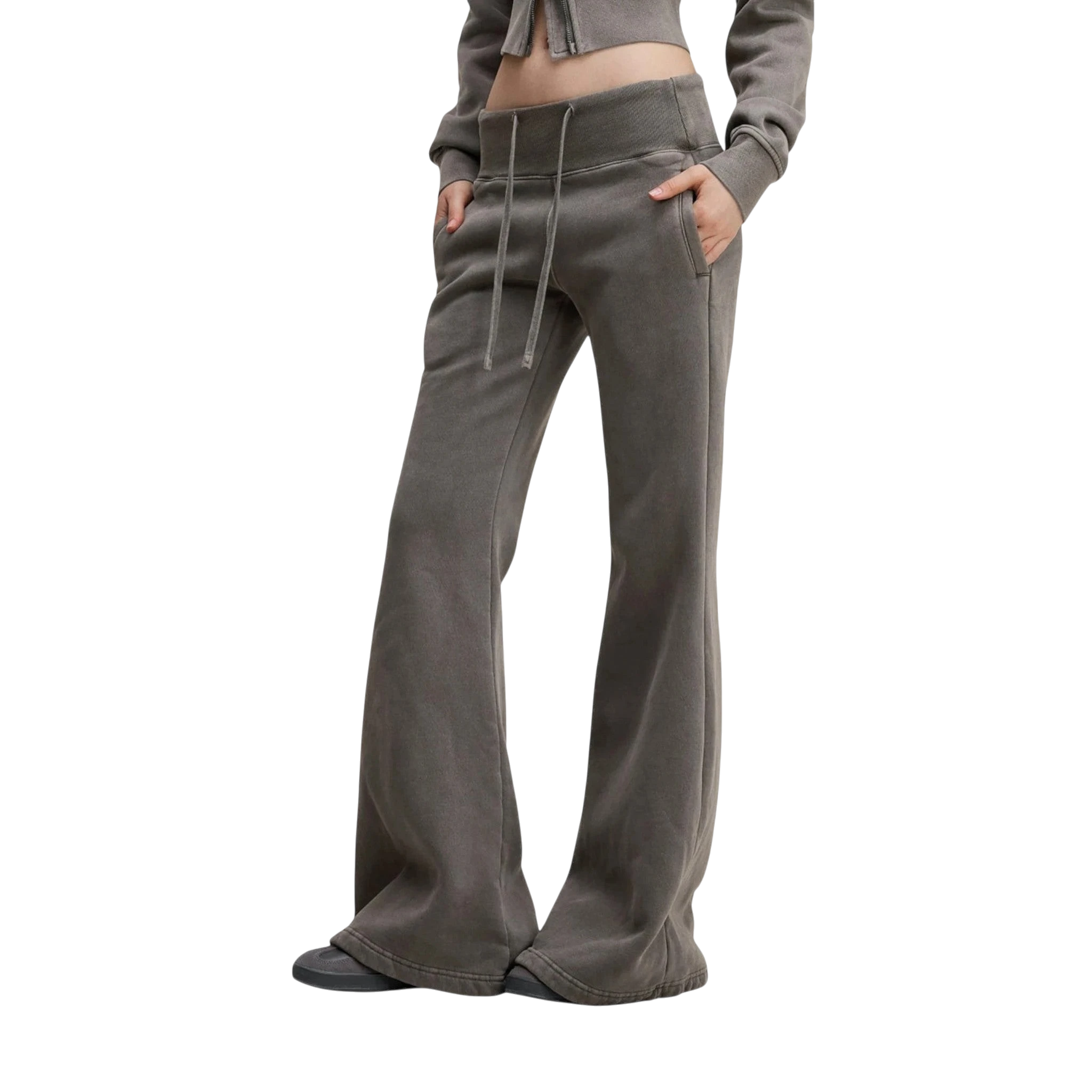 Studio Ruban Lia high-waisted flare sweatpants in washed charcoal cotton blend with drawstring waist and pockets.