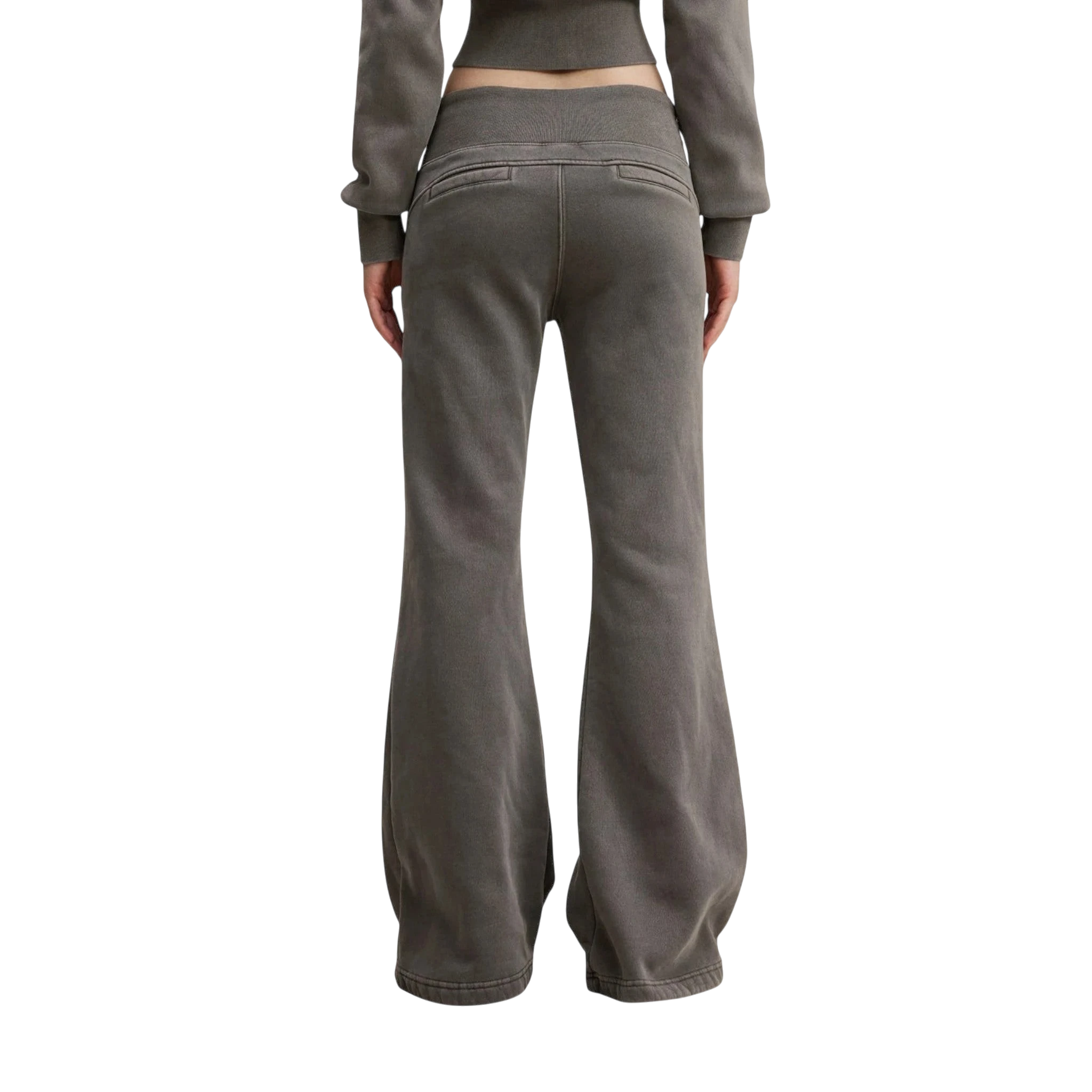 Studio Ruban Lia high-waisted flare sweatpants in washed charcoal cotton blend with drawstring waist and side pockets.