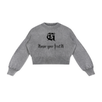 Studio Ruban grey mineral wash cotton cropped sweater with balloon sleeves and black gothic text graphic.