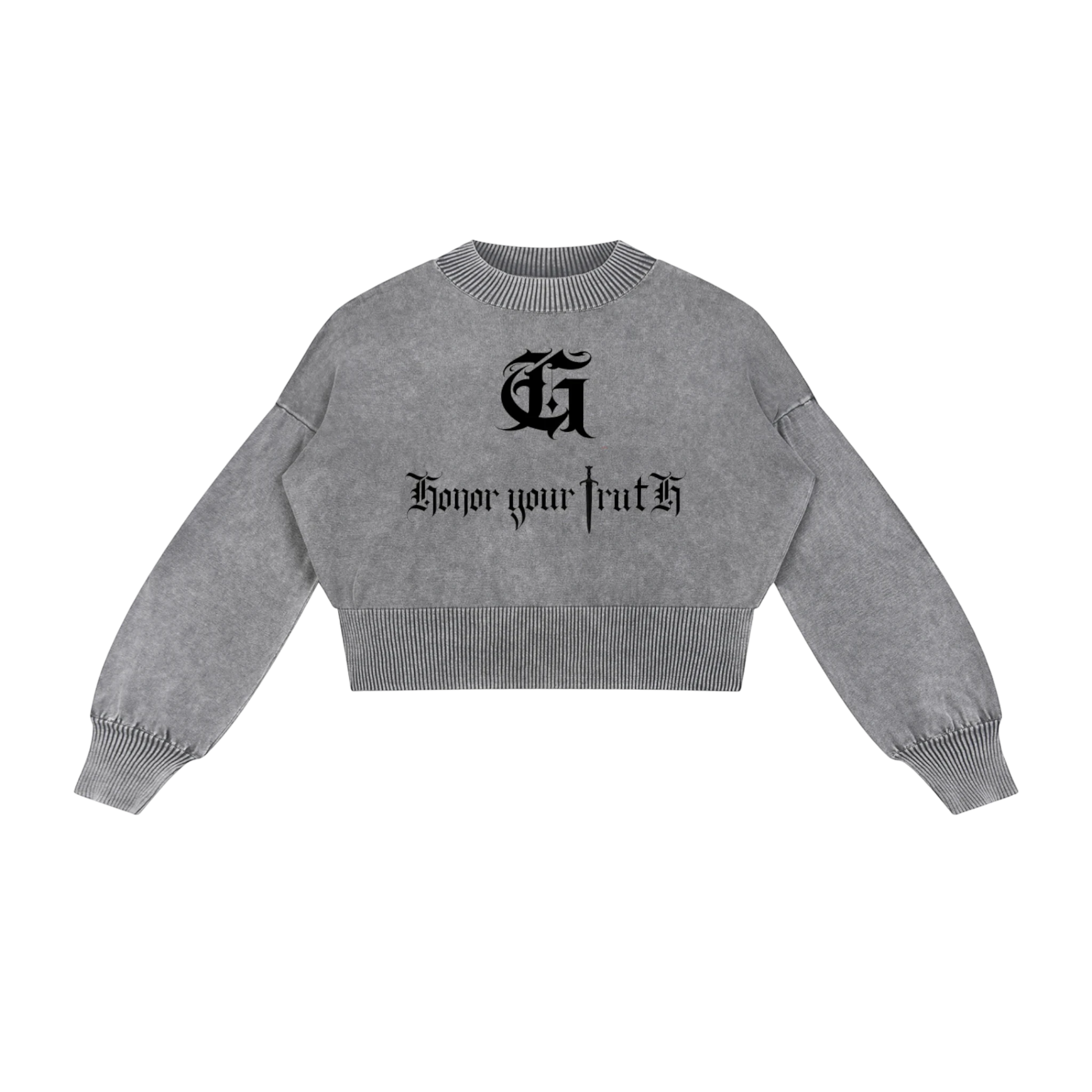 Studio Ruban grey mineral wash cotton cropped sweater with balloon sleeves and black gothic text graphic.