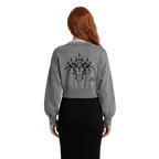 Studio Ruban grey mineral wash 100% cotton cropped sweater with balloon sleeves and black tribal graphic on back.