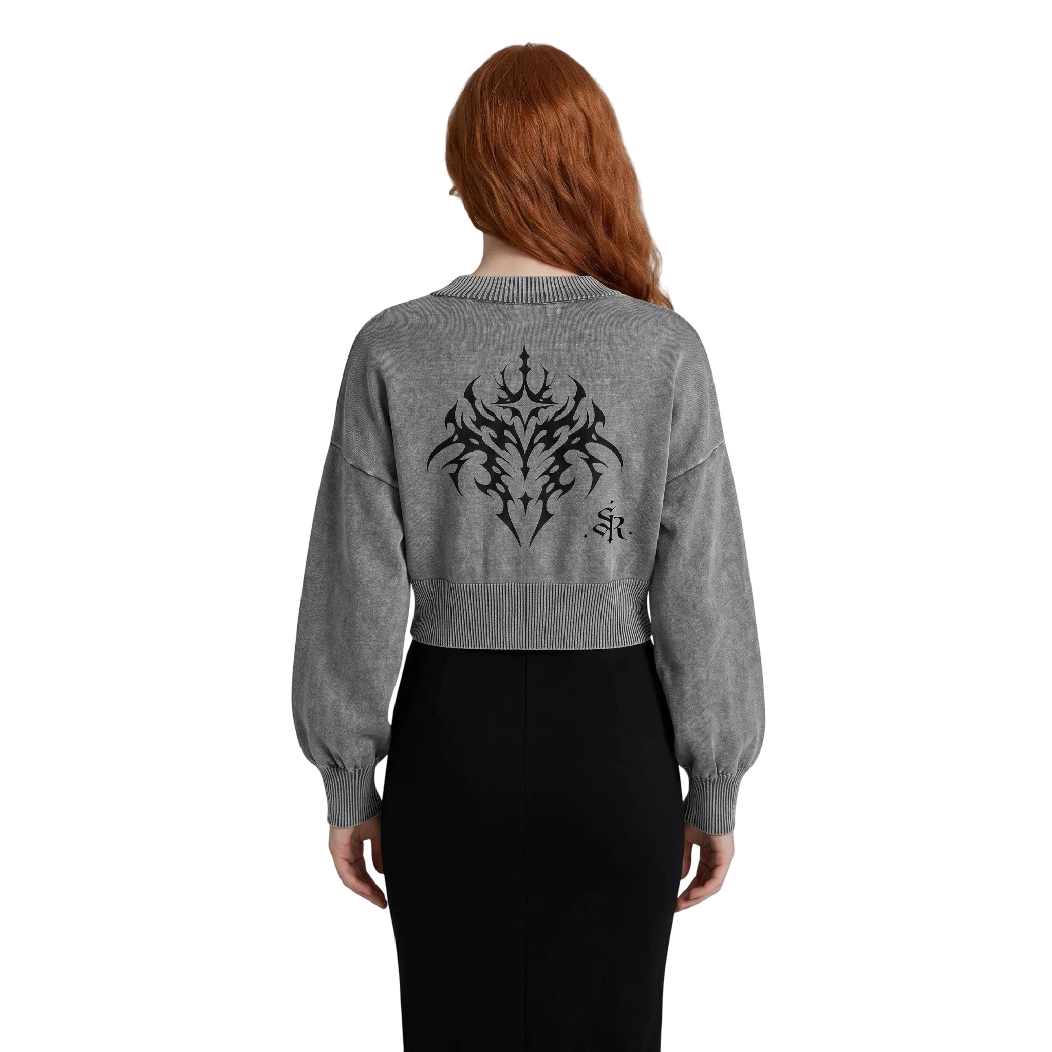 Studio Ruban grey mineral wash 100% cotton cropped sweater with balloon sleeves and black tribal graphic on back.
